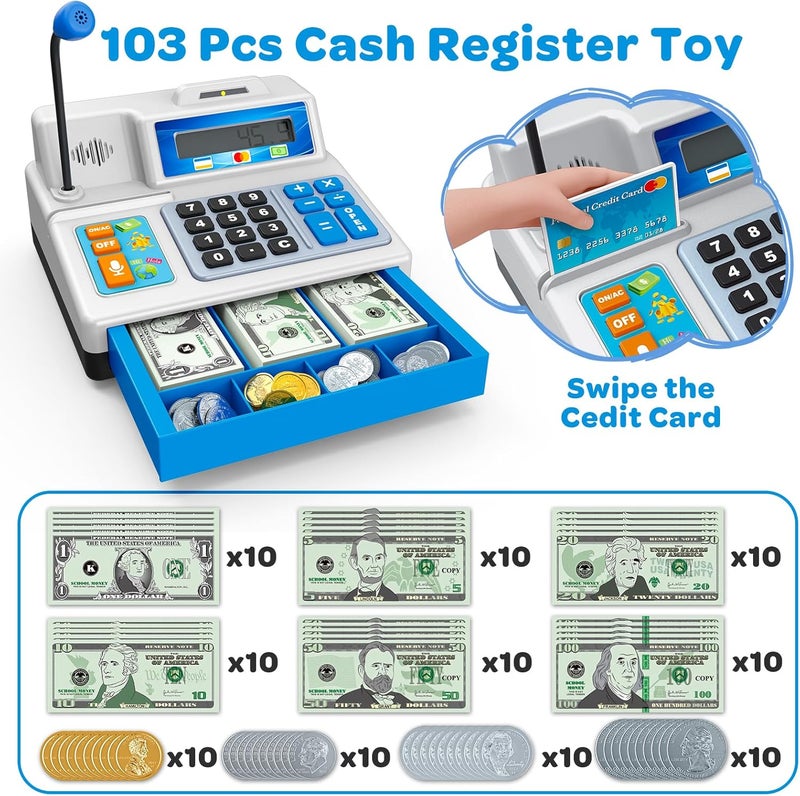 BAODLON Calculator Cash Register - 103 Pcs Toy Cash Register, Store Set with Microphone, Credit Card and Banking for Kids, Early Math Skills Toys Gifts for 3, 4, 5, 6 7 8+ Years Old Boy Girl - Image 2